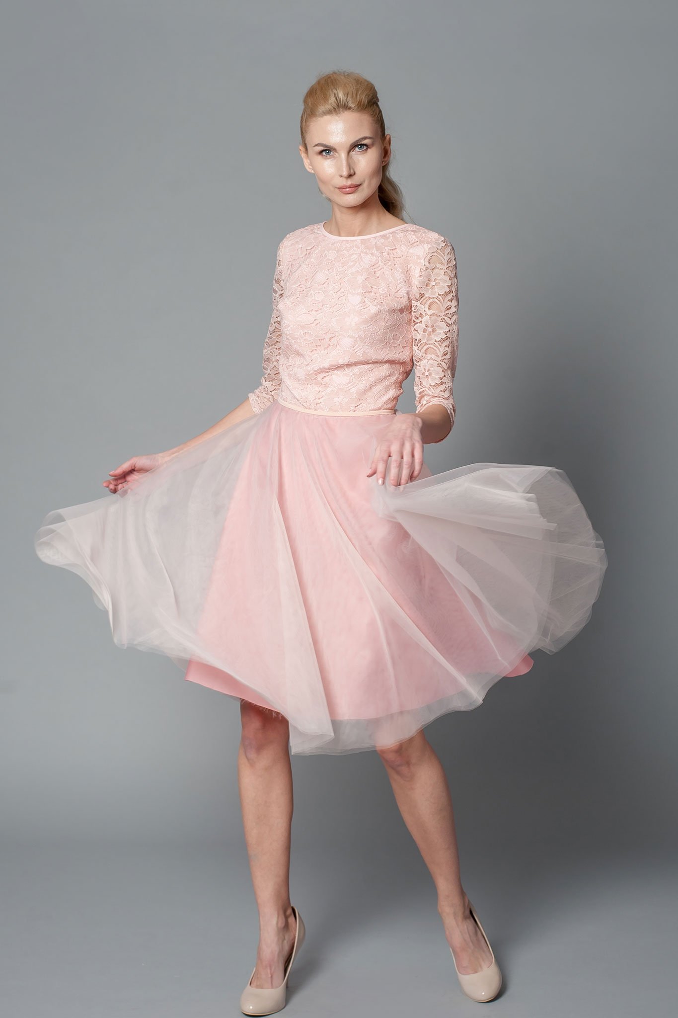 Blush Pink Midi Short Lace Overlay Dress With 3 4 Length Sleeve Le Parole